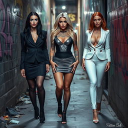 A photographic image showcasing three beautiful and attractive women walking toward the viewer in a narrow, dimly lit alley filled with garbage and vibrant graffiti