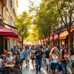 A bustling city street during late afternoon, showcasing vibrant life with cafe tables outdoors, pedestrians walking by