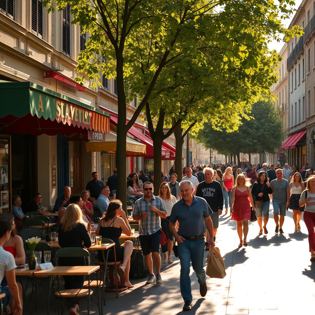 A bustling city street during late afternoon, showcasing vibrant life with cafe tables outdoors, pedestrians walking by