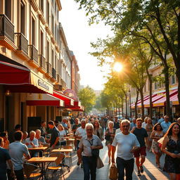A bustling city street during late afternoon, showcasing vibrant life with cafe tables outdoors, pedestrians walking by