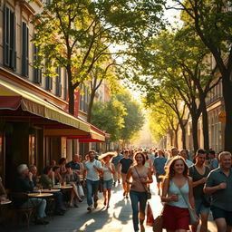 A bustling city street during late afternoon, showcasing vibrant life with cafe tables outdoors, pedestrians walking by
