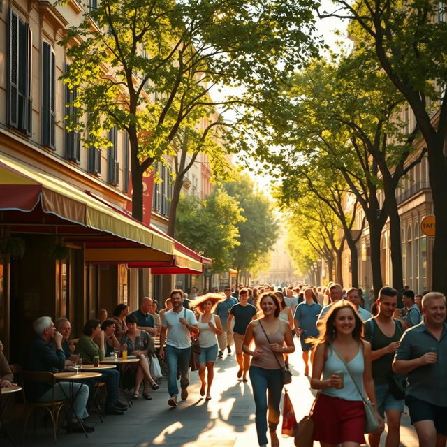 A bustling city street during late afternoon, showcasing vibrant life with cafe tables outdoors, pedestrians walking by