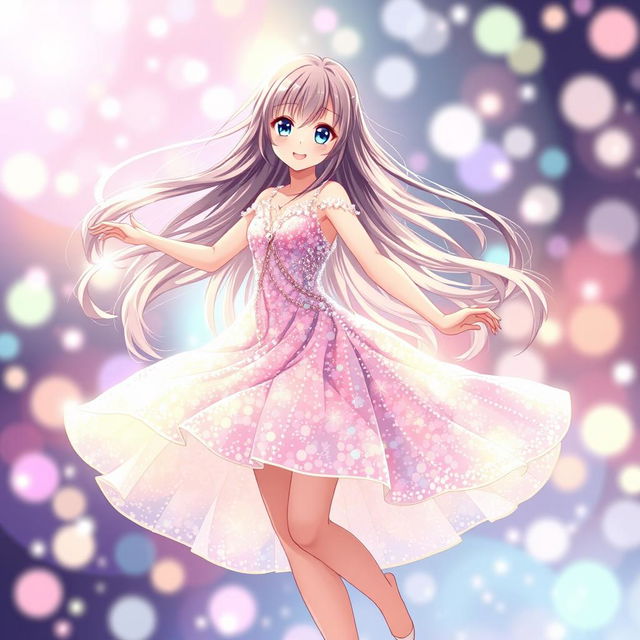 A stunning anime girl with long flowing hair dressed in a beautiful sparkling dress, twirling gracefully as she dances