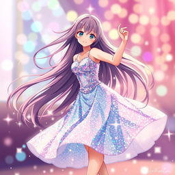 A stunning anime girl with long flowing hair dressed in a beautiful sparkling dress, twirling gracefully as she dances