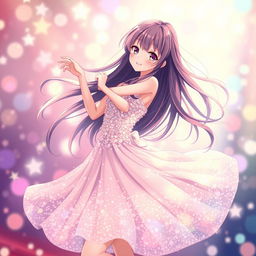 A stunning anime girl with long flowing hair dressed in a beautiful sparkling dress, twirling gracefully as she dances