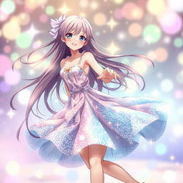 A stunning anime girl with long flowing hair dressed in a beautiful sparkling dress, twirling gracefully as she dances