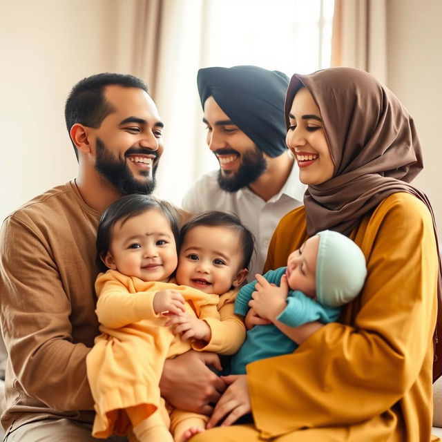 A joyful and loving Muslim husband and wife smile affectionately at each other, surrounded by their two-year-old daughter and ten-month-old son