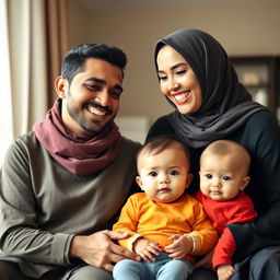 A joyful and loving Muslim husband and wife smile affectionately at each other, surrounded by their two-year-old daughter and ten-month-old son