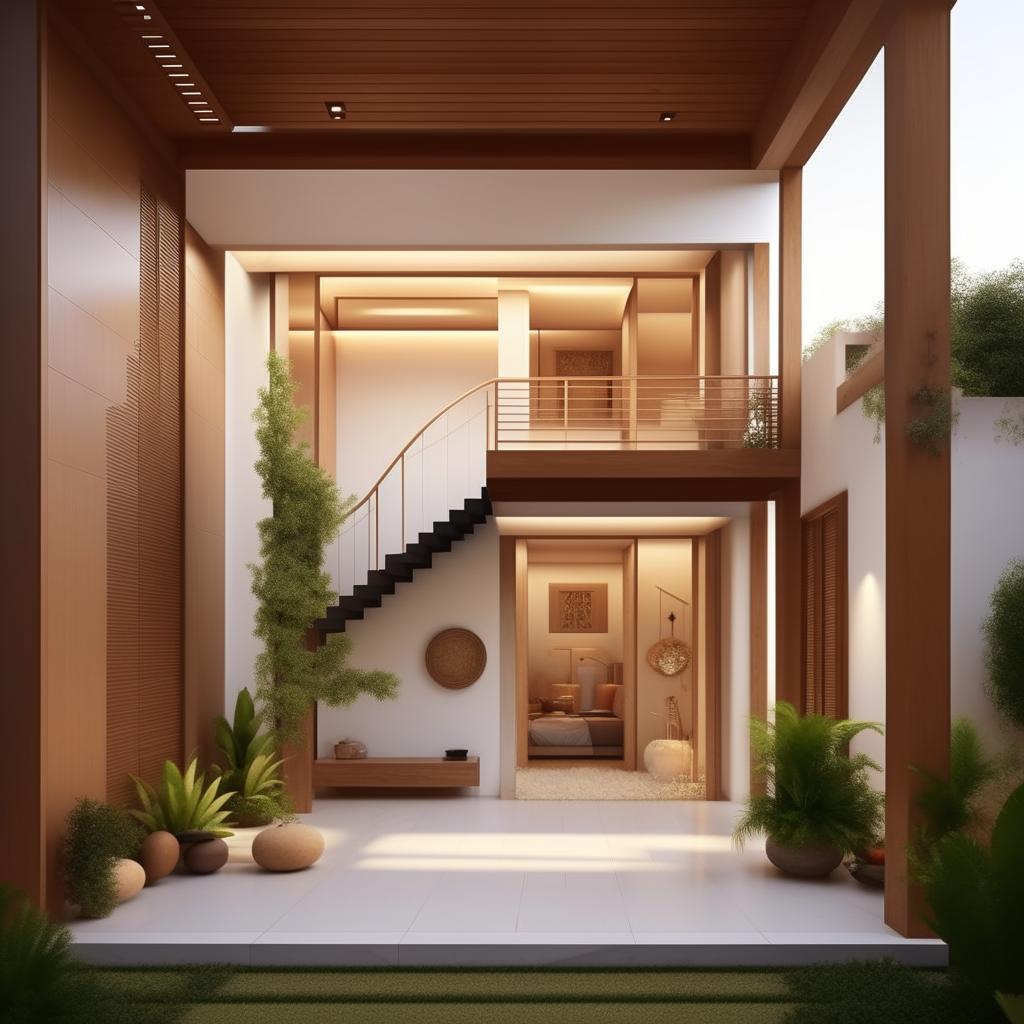 Generate a 45x45 area house design with a visible staircase from the living room. The design should include a master bedroom, a small guest room, a temple, a kitchen with a dining area, and a common washroom.