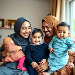 A joyful and loving Muslim husband and wife smile affectionately at each other, surrounded by their two-year-old daughter and ten-month-old son