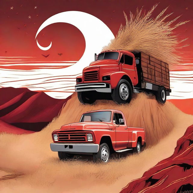 This is a vivid digital art piece depicting a truck on the verge of falling off a cliff