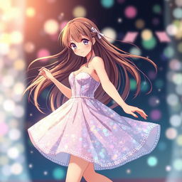 A stunning anime girl with long flowing hair dressed in a beautiful sparkling dress, twirling gracefully as she dances