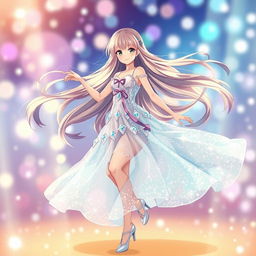 A stunning anime girl with long flowing hair dressed in a beautiful sparkling dress, twirling gracefully as she dances