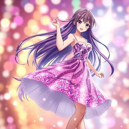 A stunning anime girl with long flowing hair dressed in a beautiful sparkling dress, twirling gracefully as she dances