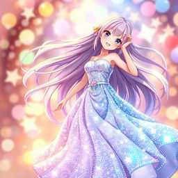 A stunning anime girl with long flowing hair dressed in a beautiful sparkling dress, twirling gracefully as she dances