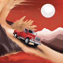 This is a vivid digital art piece depicting a truck on the verge of falling off a cliff