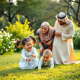 A joyful scene depicting a Muslim couple happily interacting with their two-year-old daughter and ten-month-old son