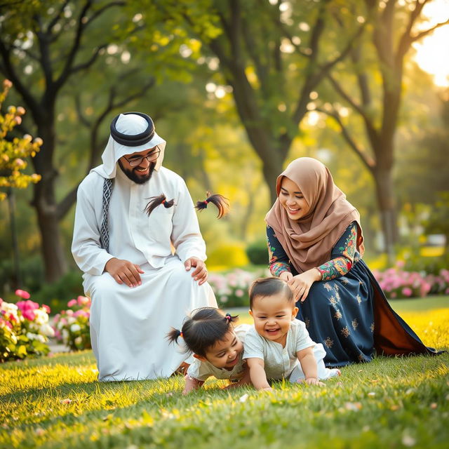 A joyful scene depicting a Muslim couple happily interacting with their two-year-old daughter and ten-month-old son