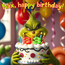 A grumpy Grinch, with his distinctive green fur and mischievous expression, is holding a beautifully decorated cake featuring the numbers '33' and colorful candles on top