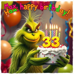 A grumpy Grinch, with his distinctive green fur and mischievous expression, is holding a beautifully decorated cake featuring the numbers '33' and colorful candles on top