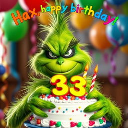 A grumpy Grinch, with his distinctive green fur and mischievous expression, is holding a beautifully decorated cake featuring the numbers '33' and colorful candles on top