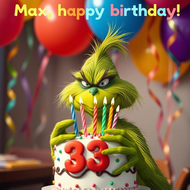 A grumpy Grinch, with his distinctive green fur and mischievous expression, is holding a beautifully decorated cake featuring the numbers '33' and colorful candles on top