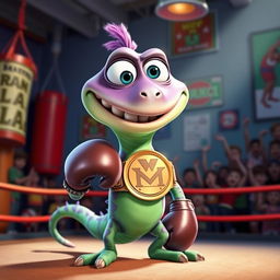 A whimsical and colorful depiction of Randall from Monsters, Inc