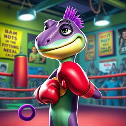 A whimsical and colorful depiction of Randall from Monsters, Inc