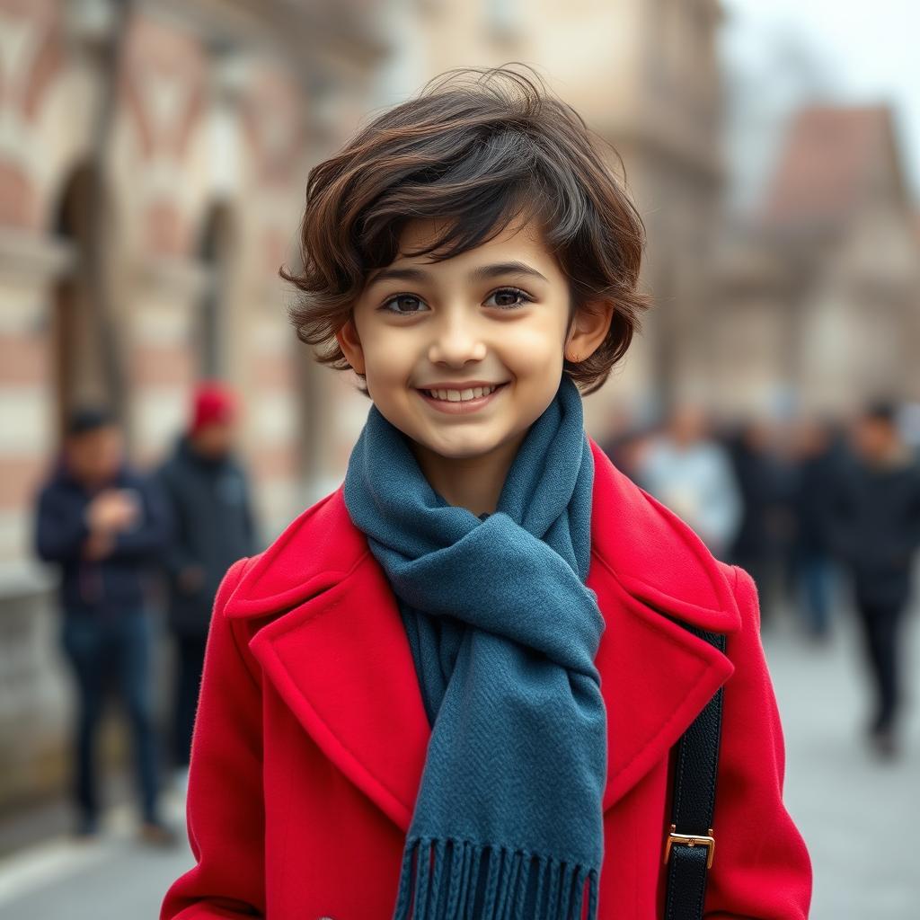 An Iranian girl with short wavy hair, petite stature, and a thin physique, embodying a funny and beautiful personality