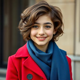 An Iranian girl with short wavy hair, petite stature, and a thin physique, embodying a funny and beautiful personality