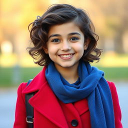 An Iranian girl with short wavy hair, petite stature, and a thin physique, embodying a funny and beautiful personality