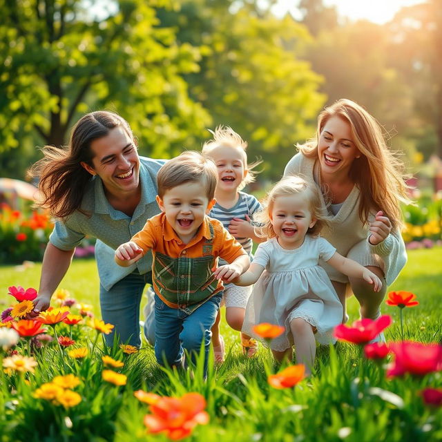 A joyful scene of a small family with two children, emphasizing happiness and togetherness