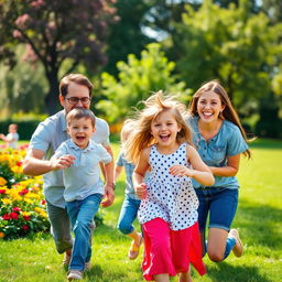 A joyful scene of a small family with two children, emphasizing happiness and togetherness