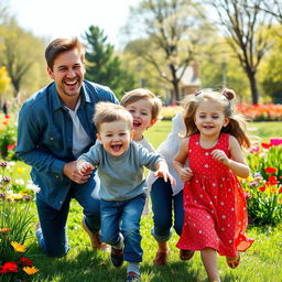 A joyful scene of a small family with two children, emphasizing happiness and togetherness