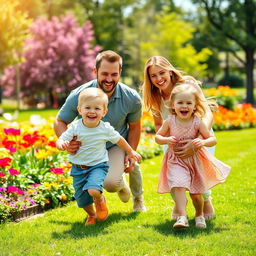 A joyful scene of a small family with two children, emphasizing happiness and togetherness