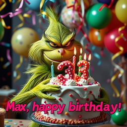 A grumpy Grinch, characterized by his iconic green fur and scowling face, is holding a whimsically decorated birthday cake featuring the numbers '33' adorned with colorful candles
