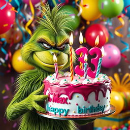 A grumpy Grinch, characterized by his iconic green fur and scowling face, is holding a whimsically decorated birthday cake featuring the numbers '33' adorned with colorful candles