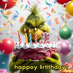 A grumpy Grinch, characterized by his iconic green fur and scowling face, is holding a whimsically decorated birthday cake featuring the numbers '33' adorned with colorful candles