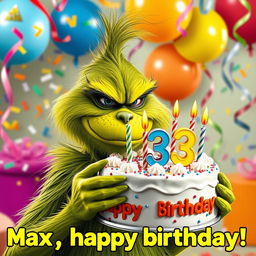 A grumpy Grinch, characterized by his iconic green fur and scowling face, is holding a whimsically decorated birthday cake featuring the numbers '33' adorned with colorful candles