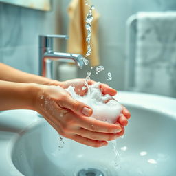 An artistic representation of hands being washed at a sink, with bright, bubbly soap and splashing water