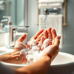 An artistic representation of hands being washed at a sink, with bright, bubbly soap and splashing water