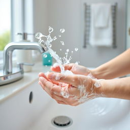 An artistic representation of hands being washed at a sink, with bright, bubbly soap and splashing water
