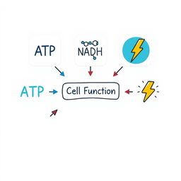 A visually engaging illustration featuring icons for ATP, NADH, and energy, each represented with distinct, colorful designs