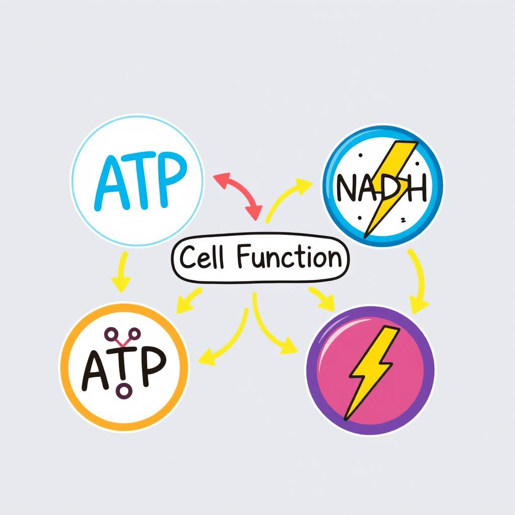 A visually engaging illustration featuring icons for ATP, NADH, and energy, each represented with distinct, colorful designs