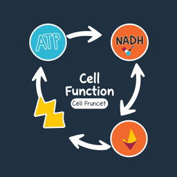 A visually engaging illustration featuring icons for ATP, NADH, and energy, each represented with distinct, colorful designs