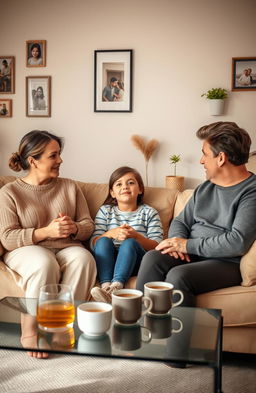 A serene setting of a cozy family living room, where a teenager is sitting on a comfortable sofa engaging in a heartfelt conversation with their parents