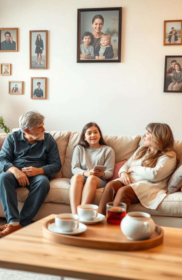 A serene setting of a cozy family living room, where a teenager is sitting on a comfortable sofa engaging in a heartfelt conversation with their parents