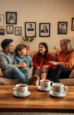 A serene setting of a cozy family living room, where a teenager is sitting on a comfortable sofa engaging in a heartfelt conversation with their parents