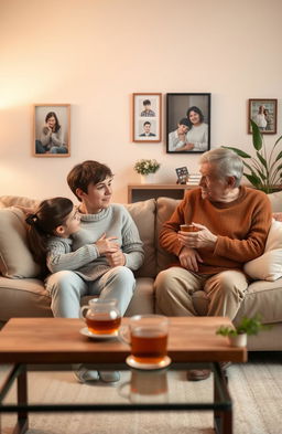 A serene setting of a cozy family living room, where a teenager is sitting on a comfortable sofa engaging in a heartfelt conversation with their parents