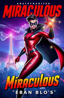A vibrant and eye-catching book cover themed around 'Miraculous', featuring a striking superhero character in a sleek, red and black costume with spots, showcasing a magical city skyline in the background